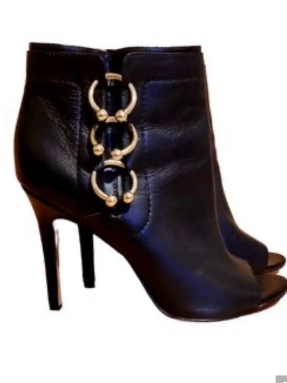 Katy Perry Black Leather Peep-Toe Ankle Boots with Gold Ring detail Sz 10
